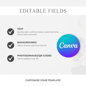 May include: A digital design template with the text "EDITABLE FIELDS" at the top. The image includes text and checkmarks indicating features like text editing, background customization, and photo/QR code integration. A blue and purple Canva logo is also present.