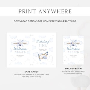 May include: Printable welcome aboard sign with a watercolor airplane design. The sign includes the text "Welcome Aboard" and "Martin's First Flight!" in blue. The image also includes the text "Print Anywhere".