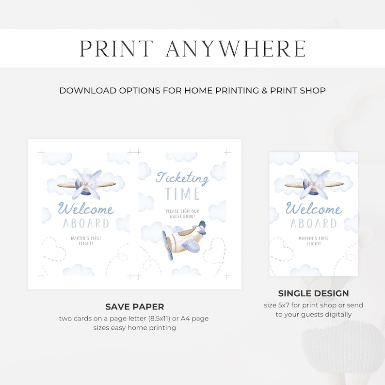 May include: Printable welcome aboard sign with a watercolor airplane design. The sign includes the text "Welcome Aboard" and "Martin's First Flight!" in blue. The image also includes the text "Print Anywhere".