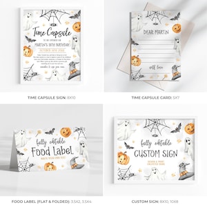 May include: A collection of Halloween-themed stationery items. Includes a framed "Time Capsule" sign, a "Time Capsule" card, a "Food Label", and a "Custom Sign". Each features watercolor illustrations of ghosts, pumpkins, bats, and spiderwebs.