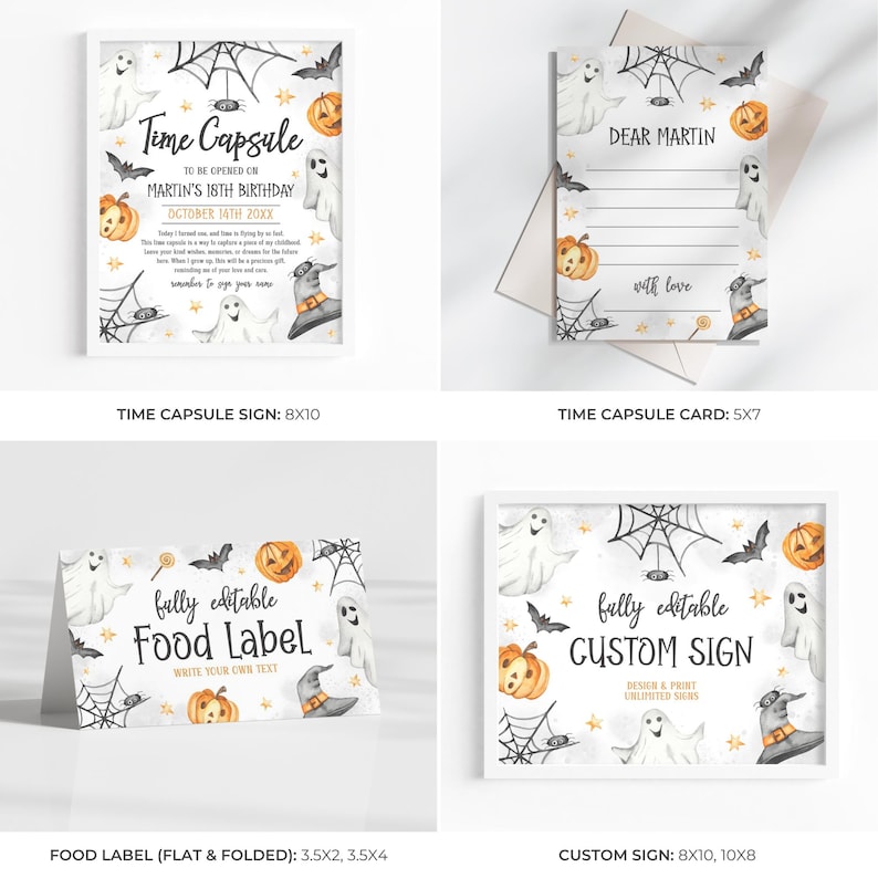May include: A collection of Halloween-themed stationery items. Includes a framed "Time Capsule" sign, a "Time Capsule" card, a "Food Label", and a "Custom Sign". Each features watercolor illustrations of ghosts, pumpkins, bats, and spiderwebs.