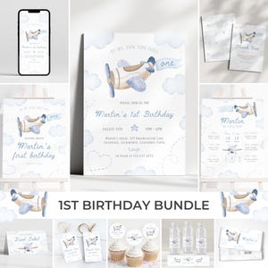 Blue Airplane 1st Birthday Bundle | Time Flies Birthday Invitation Set | Plane Birthday Party Decor | Boy First Flight Birthday Pack | BR1