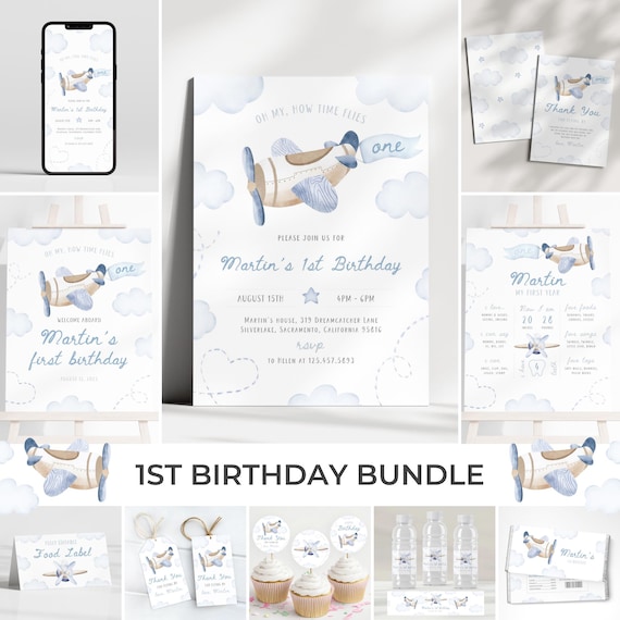 Blue Airplane 1st Birthday Bundle | Time Flies Birthday Invitation Set | Plane Birthday Party Decor | Boy First Flight Birthday Pack | BR1