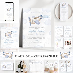 Blue Airplane Baby Shower Invitation Bundle | Vintage Plane Baby Shower Pack | Travel Baby Shower Decor | Aviation Shower Games Set | SB1