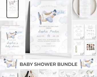 Blue Airplane Baby Shower Invitation Bundle | Vintage Plane Baby Shower Pack | Travel Baby Shower Decor | Aviation Shower Games Set | SB1