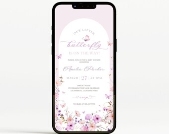 Butterfly Baby Shower Phone Invitation | Girl Floral Baby Shower Evite | Wildflower Baby Shower Electronic Invite | Editable Template | SB10