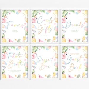 May include: Six white-framed signs featuring watercolor summer illustrations of flamingos, pineapples, and beach items. The signs display text: Favors, Cards and Gifts, Drinks, Photo Booth, Dessert Bar, and Guest Book, each with instructional text.