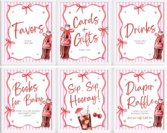 She's Ready to Pop Baby Shower Table Sign Bundle | Soda Pop Baby Shower Table Sign Set | Retro Pink Cola Decor | Girl Bow Table Signs | SB21