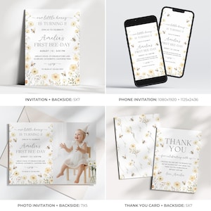 May include: A set of invitations and thank you cards with a bee theme. The invitations read "Amelia's First Bee-Day" with floral and bee illustrations. The thank you cards have a similar design with a message of gratitude.