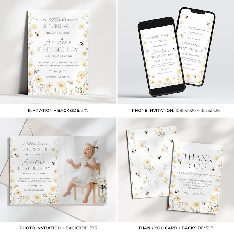 May include: A set of invitations and thank you cards with a bee theme. The invitations read "Amelia's First Bee-Day" with floral and bee illustrations. The thank you cards have a similar design with a message of gratitude.