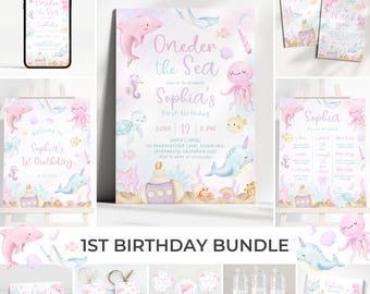 Oneder The Sea 1st Birthday Bundle | Ocean Animals Birthday Invite Set | Under The Sea Birthday Decor | Pink Nautical Birthday Pack | BR16