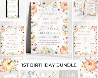 Pumpkin 1st Birthday Bundle | Little Pumpkin Birthday Invitation Set | Autumn Birthday Party Decor | Fall First Birthday Invite Pack | BR26