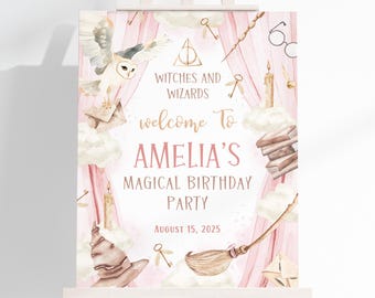 Pink Wizard 1st Birthday Welcome Sign | Witches Birthday Welcome Poster | Girl Magic School Birthday Party Decor | Editable Template | BR9