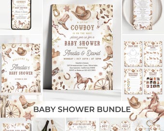 Cowboy Baby Shower Bundle | A Little Cowboy Baby Shower Invitation Set | Western Rodeo Baby Shower Decor | Wild West Baby Shower Games | SB6