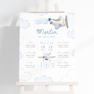 Placa comemorativa do primeiro aniversário do avião azul | Pôster comemorativo do aniversário do avião | Decoração de aniversário Time Flys | Quadro do primeiro aniversário do menino | BR1