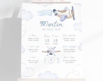 Blue Airplane 1st Birthday Milestone Sign | Plane Birthday Milestone Poster | Time Flies Birthday Decor | Boy First Birthday Board | BR1