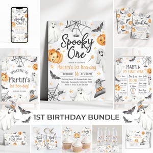 Pode incluir: Um conjunto de artigos para festas com tema de Halloween, incluindo convites, cartões de agradecimento e toppers de cupcake. Os designs apresentam fantasmas, abóboras, morcegos e teias de aranha. O texto diz "Spooky One" e "Martin's 1st Boo-day!"