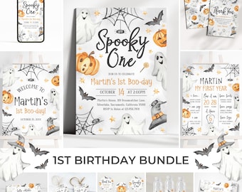 Spooky One 1st Birthday Invitation Bundle | Halloween Birthday Invite Pack | Halloween Birthday Party Decor | Cute Ghost Birthday Set | BR4