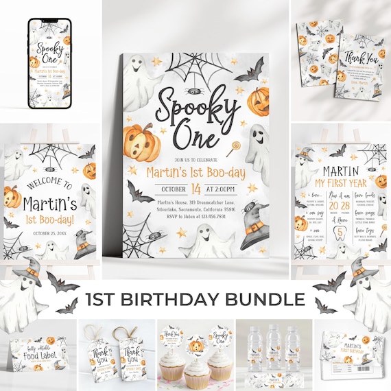 Spooky One 1st Birthday Invitation Bundle | Halloween Birthday Invite Pack | Halloween Birthday Party Decor | Cute Ghost Birthday Set | BR4