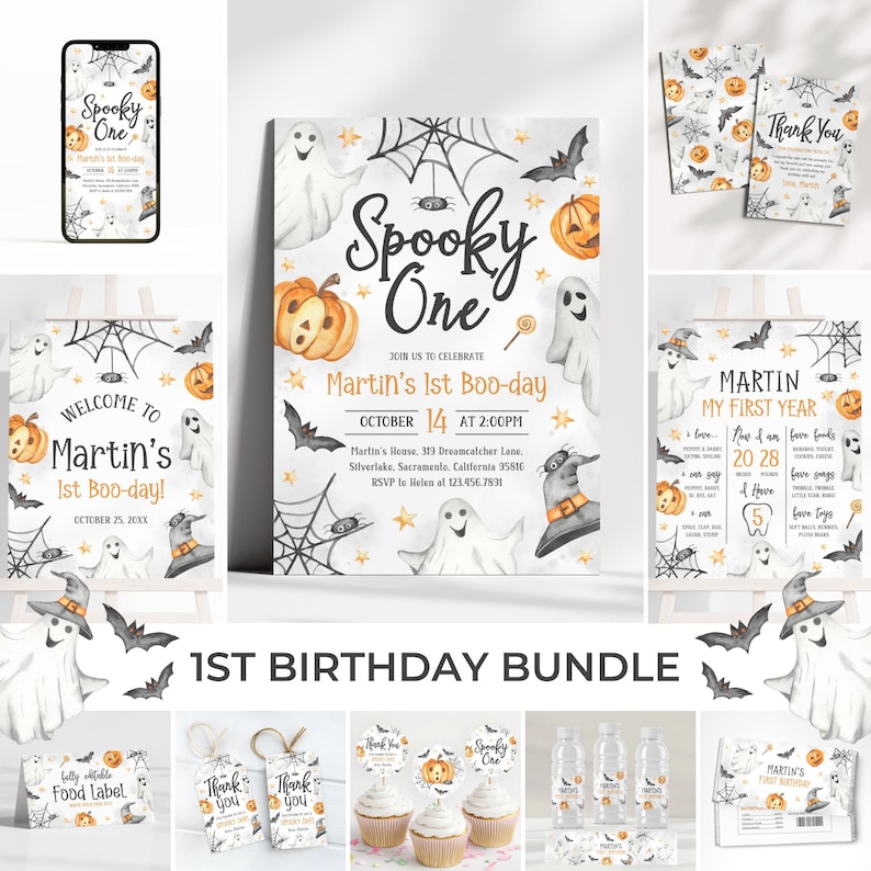 May include: A collection of Halloween-themed party supplies, including invitations, thank you cards, cupcake toppers, and water bottle labels. The designs feature ghosts, pumpkins, bats, and spiderwebs. The text reads "Spooky One" and "Martin's 1st Boo-day!"