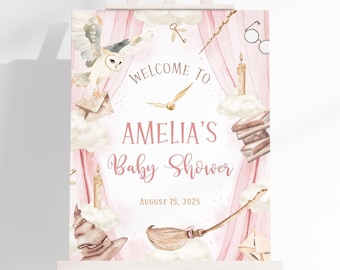 Pink Wizard Baby Shower Welcome Sign | Girl Magic School Baby Shower Welcome Poster | Magical Baby Shower Decor | Editable Template | SB9