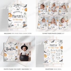 May include: Halloween-themed party decorations, including a welcome sign, milestone poster, photo cards, and a thank you card. The welcome sign says "Welcome to Martin's 1st Boo-day!" with pumpkins, ghosts, and bats. The photo cards display baby photos.