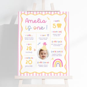 Può includere: Un colorato poster di compleanno con la scritta "Amelia is one!" in rosa e giallo. Il poster include una foto, le cose preferite e le misure: 71 cm di altezza e pesa 9 kg. Il poster è esposto su un cavalletto bianco.