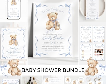 We Can Bearly Wait Baby Shower Bundle | Teddy Bear Baby Shower Invitation Kit | Bear Baby Shower Decor Set | Blue Bow Bear Game Pack | SB5