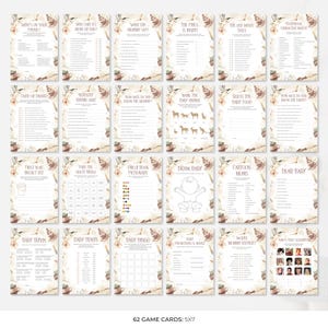 Op de afbeelding: Een verzameling van 62 babyshower-spelkaarten, elk met een uniek ontwerp en thema. De kaarten bevatten verschillende spellen zoals "Wat staat er op je telefoon?" en "Baby Bingo", met een neutraal kleurenpalet en decoratieve bloemelementen.