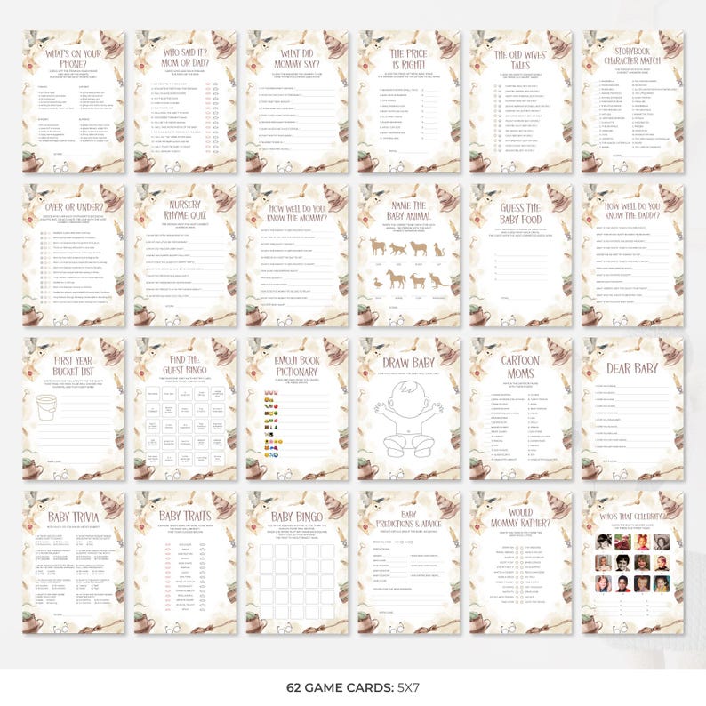 Op de afbeelding: Een verzameling van 62 babyshower-spelkaarten, elk met een uniek ontwerp en thema. De kaarten bevatten verschillende spellen zoals "Wat staat er op je telefoon?" en "Baby Bingo", met een neutraal kleurenpalet en decoratieve bloemelementen.