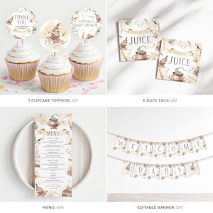 Op de afbeelding: Een verzameling feestartikelen met een fantasiethema. Inclusief cupcake toppers, saplabels, een menu en een banner. De items bevatten illustraties van een sorteerhoed, brillen en een theekopje. De banner luidt "WELCOME BABY".