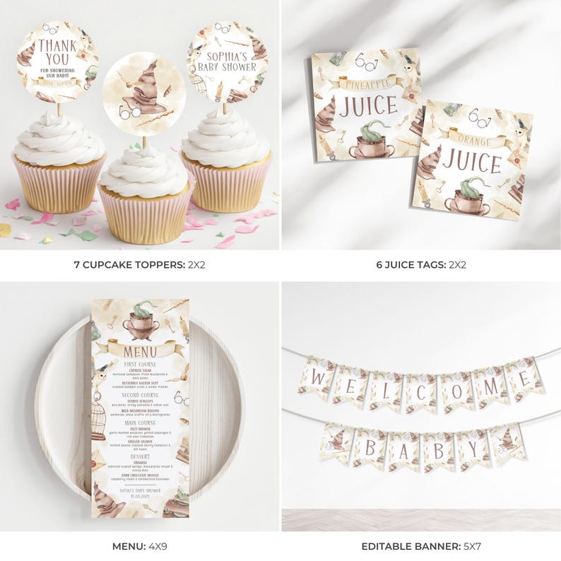 Op de afbeelding: Een verzameling feestartikelen met een fantasiethema. Inclusief cupcake toppers, saplabels, een menu en een banner. De items bevatten illustraties van een sorteerhoed, brillen en een theekopje. De banner luidt "WELCOME BABY".