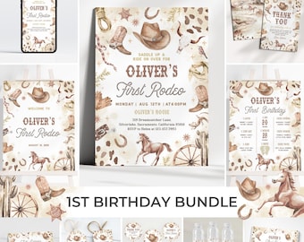 First Rodeo Birthday Bundle | Cowboy 1st Birthday Invitation Pack | Wild West Birthday Party Decor | Editable Western Boy Birthday Set | BR6