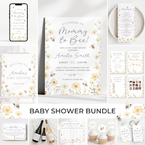 Könnte beinhalten: Ein Babyparty-Bundle mit Blumen- und Bienen-Thema. Enthält Einladungen, ein Willkommensschild, Menü, Spiele, Cupcake-Topper und Dankeskarten. Auf der Einladung steht "Let's Shower the Mommy to Bee!" und enthält Datum und Uhrzeit.
