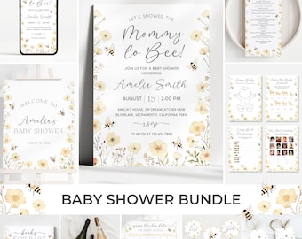 Bundel met uitnodiging voor babyshower bijen | Mommy to Bee uitnodigingsset babyshower | Babyshower decoratie honingbij | Spelpakket bloemenbijendouche | SB11