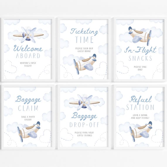 Airplane 1st Birthday Table Sign Bundle | Plane Birthday Table Sign Set | Time Flies Birthday Decor | Boy First Flight Birthday Signs | BR1