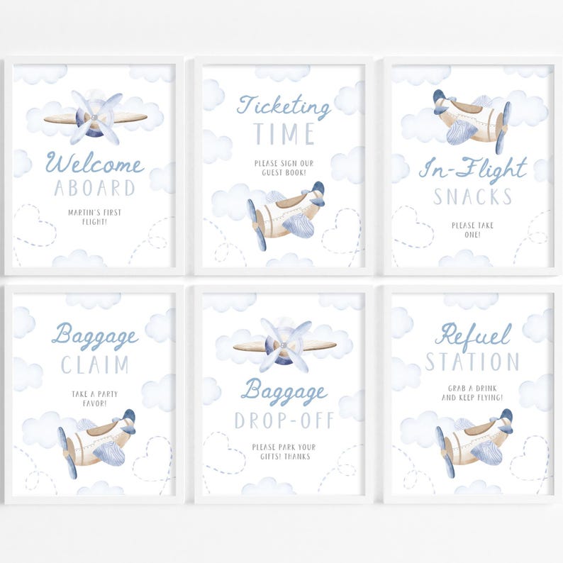 May include: Six framed prints with a watercolor airplane theme. Each print features a light blue airplane, clouds, and text such as "Welcome Aboard" and "Baggage Claim". The prints are in a soft, pastel color palette.