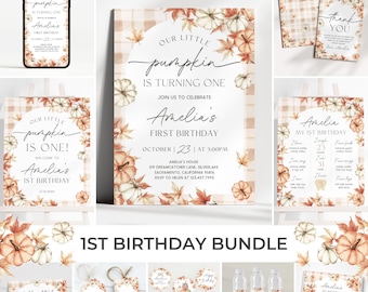 Pumpkin 1st Birthday Bundle | Little Pumpkin Birthday Invitation Set | Autumn Birthday Party Decor | Fall First Birthday Invite Pack | BR29