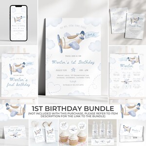 May include: A collection of watercolor-style party supplies for a first birthday. The bundle includes invitations, thank you cards, cupcake toppers, water bottle labels, and a welcome sign. The theme features a blue and tan airplane with the text "Oh my, how time flies."