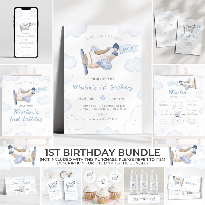 May include: A collection of watercolor-style party supplies for a first birthday. The bundle includes invitations, thank you cards, cupcake toppers, water bottle labels, and a welcome sign. The theme features a blue and tan airplane with the text "Oh my, how time flies."