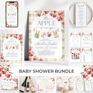 May include: A baby shower stationery bundle featuring an apple theme with watercolor red apples, green leaves, and baby clothes on a clothesline. Includes invitations, menu cards, games, thank you tags, and cupcake toppers with text.