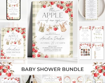 Puede incluir: Un conjunto de papelería para baby shower con temática de manzanas, con ilustraciones en acuarela de manzanas rojas, hojas verdes y ropa de bebé en un tendedero. Incluye invitaciones, menús, juegos, etiquetas y adornos.