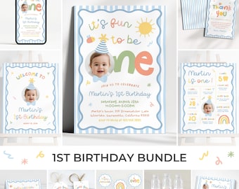 Fun To Be One 1st Birthday Bundle | Colorful Birthday Invite Set | Custom Photo Birthday Party Decor | Boy Birthday Pack | One Is Fun | BR19