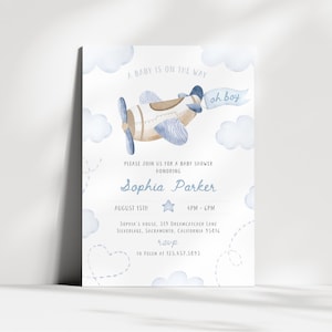 Editable Airplane Baby Shower Invitation | Vintage Plane Baby Shower Invite | Travel Baby Shower Invite | Aviation Baby Shower Evite | SB1