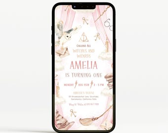 Pink Wizard 1st Birthday Phone Invitation | Little Witch Birthday Invite | Girl Magic School Birthday Evite | Witches Birthday Evite | BR9