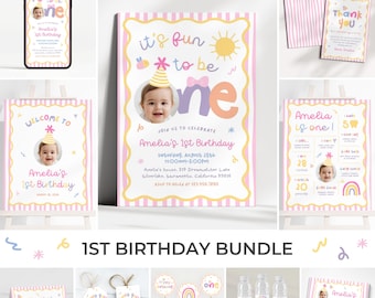 Fun To Be One 1st Birthday Bundle | Colorful Birthday Invite Set | Custom Photo Birthday Decoration | Girl Birthday Pack | One Is Fun | BR21