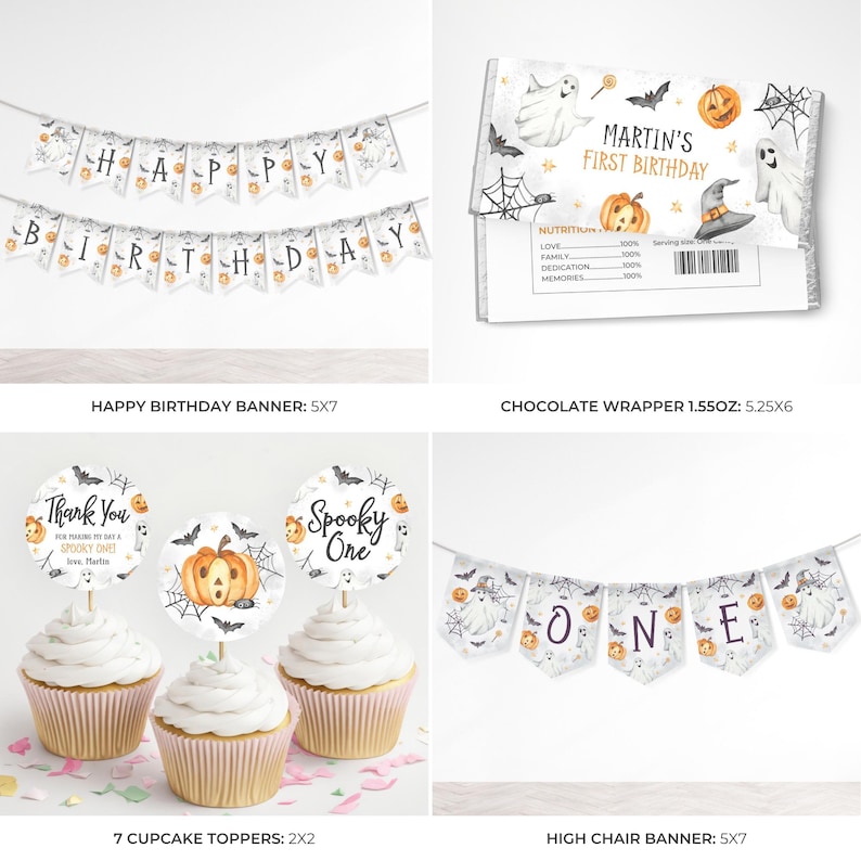 May include: A collection of Halloween-themed party decorations. Includes a "Happy Birthday" banner, a chocolate wrapper with "Martin's First Birthday", cupcake toppers, and a high chair banner. The designs feature pumpkins, ghosts, and bats.