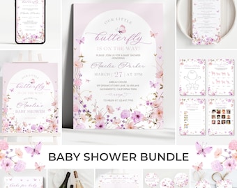 Butterfly Baby Shower Bundle | Floral Baby Shower Invitation Set | Pink Wildflower Baby Shower Decor | Girl Butterfly Game Package | SB10