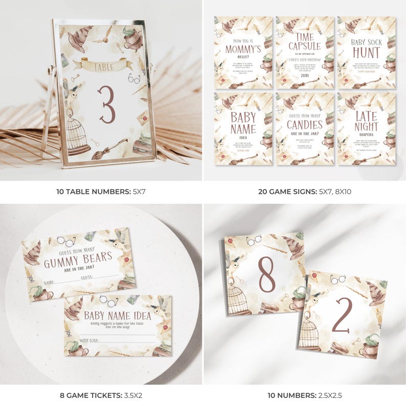 Op de afbeelding: Een verzameling feestartikelen met een grillig thema. Inclusief tafelnummers, spelborden en spelkaartjes. De tafelnummerkaarten zitten in een helder acryl frame. De spelborden en kaartjes hebben een aquarelontwerp met tekst.