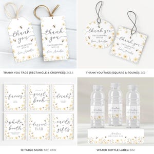 May include: A collection of party supplies with a bee theme. Includes rectangular and round thank you tags, table signs, and water bottle labels. The tags and labels feature floral and bee designs with the text "thank you" and "love Amelia".